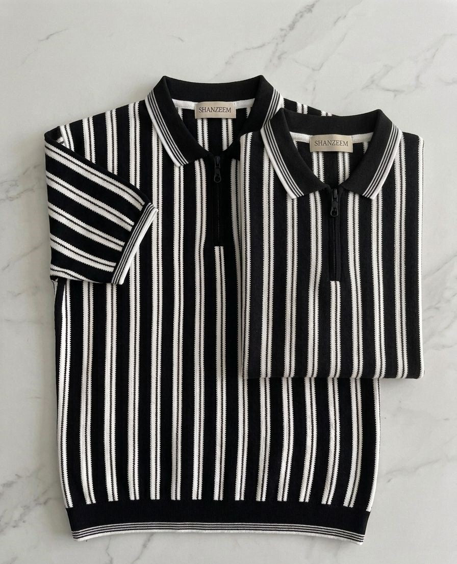 Black Old Money Polo Shirt || black &white Lining