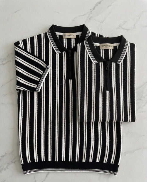 Black Old Money Polo Shirt || black &white Lining